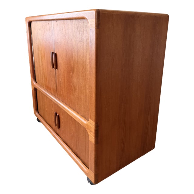 Vintage 1970s Dyrlund Danish Modern Teak Rolling Tv / Media Cabinet With Tambour Doors For Sale