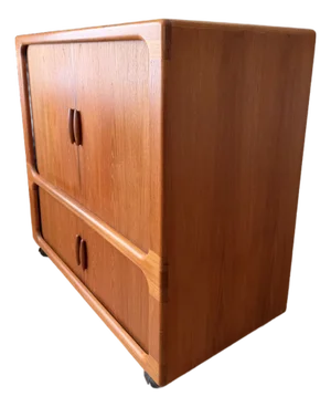Vintage 1970s Dyrlund Danish Modern Teak Rolling Tv / Media Cabinet With Tambour Doors