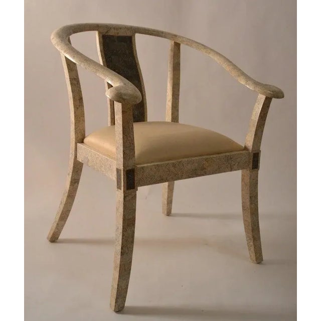 Pair of tessellated stone, bone chair, modernist interpretation of Classic ancient Chinese form. Green, and off white,...