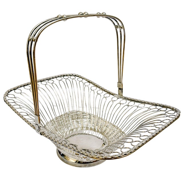 Victorian Mid 20th Century Victorian Style Silver-Plated Wirework Centerpiece Basket With Folding Swing Handle For Sale - Image 3 of 8
