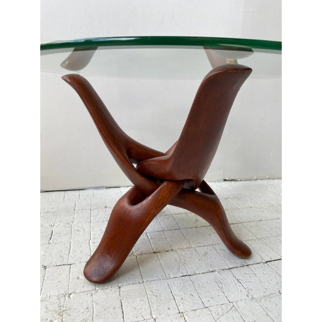 1970s Vintage Mid-Century Interlocking Teak Tripod Base Table With Glass Top, Circa 1970s For Sale - Image 5 of 12