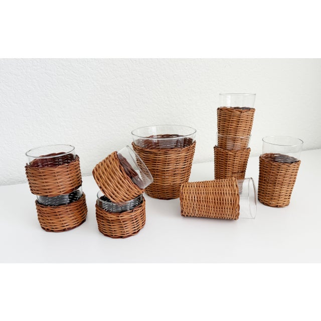 Vintage Wicker & Glass Drink Set, Ice Bucket & 8 Glasses For Sale In Sacramento - Image 6 of 8