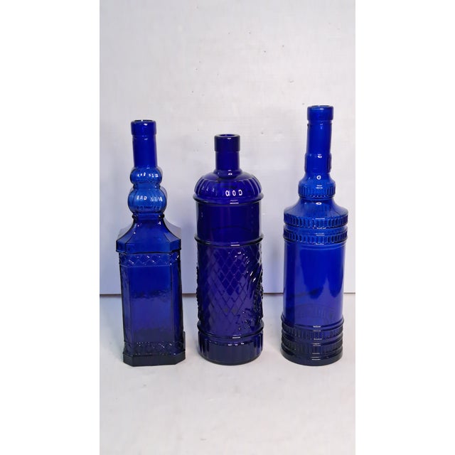 Vintage Cobalt Blue Glass Bottle Vase Lot of 3 Decorative Embossed Glass 12" For Sale In West Palm - Image 6 of 11