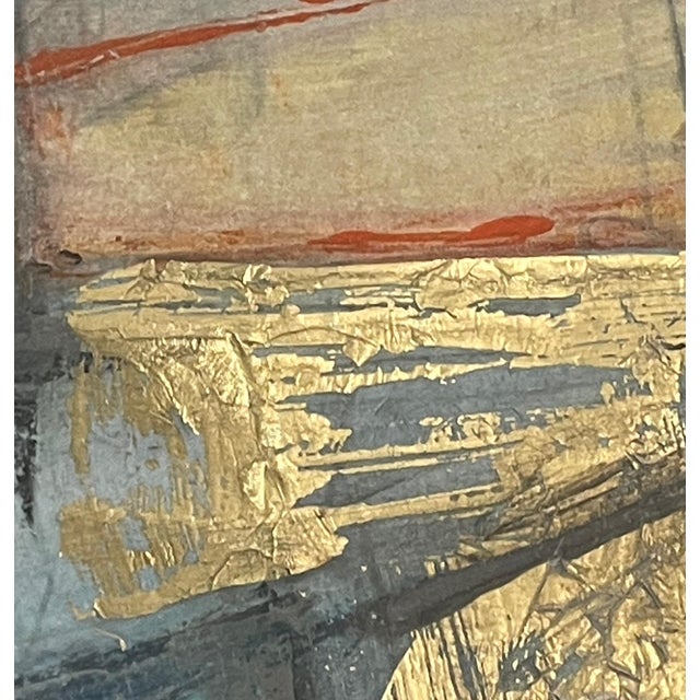 #6319-5 A one-of-a-kind abstract surreal composition featuring layered shades of gray, accented with luminous gold leaf,...