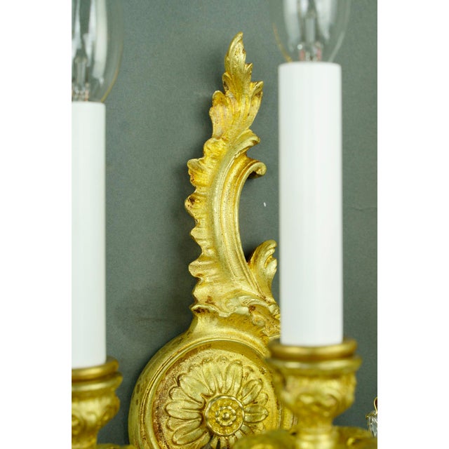 Metal Mid 20th Century Restored French Gold Gilded Bronze & Crystal 3 Arm Wall Sconces - a Pair For Sale - Image 7 of 13