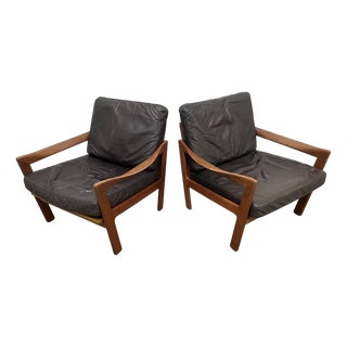 Set of Danish Teak Leather Armchairs by Illum Wikkelsø for Niels Eilersen, 1960s For Sale