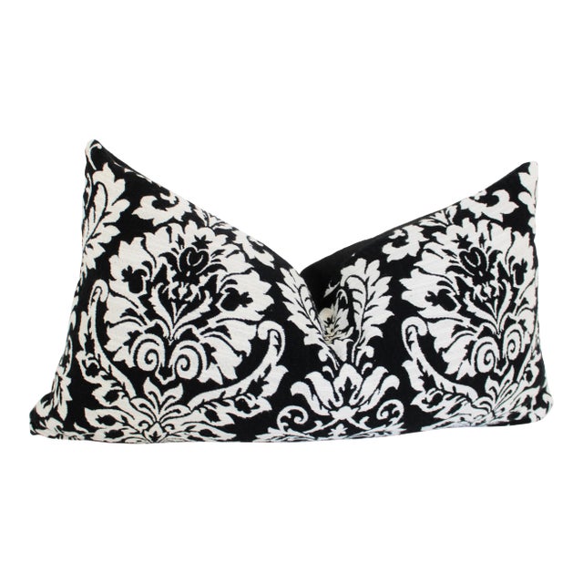 Italian Baroque "Armani" Black/White Damask Pillow Lumbar, Feather Down Insert For Sale