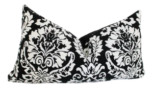 Italian Baroque "Armani" Black/White Damask Pillow Lumbar, Feather Down Insert