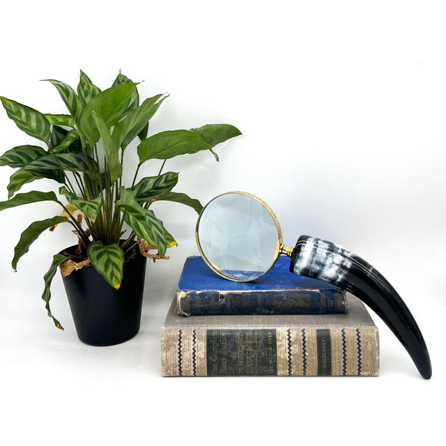 Striking vintage magnifying glass featuring a beautifully curved natural horn handle paired with an engraved brass frame....