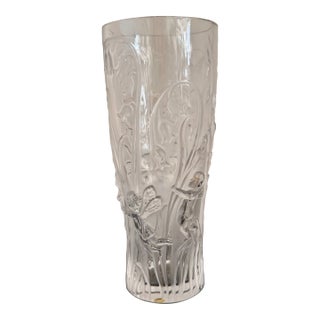 Lalique Elfes Crystal Vase Signed Birds and Botanical Relief 5.5" For Sale