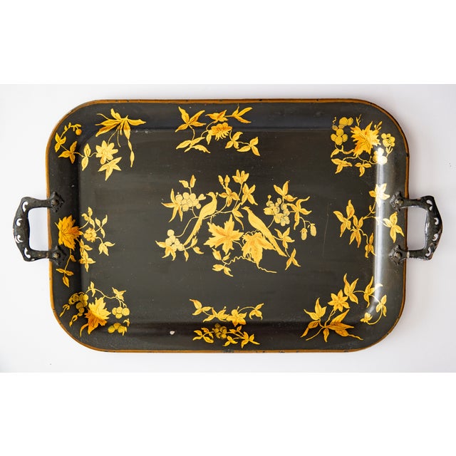 Black Antique English Chinoiserie Hand Painted Black & Gilt Birds Floral Tole Tray For Sale - Image 8 of 8