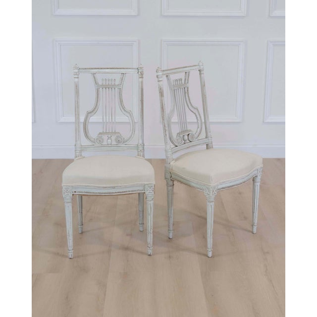 Wood Pair of Antique French Neoclassical Painted Chairs in Antique Linen For Sale - Image 7 of 12