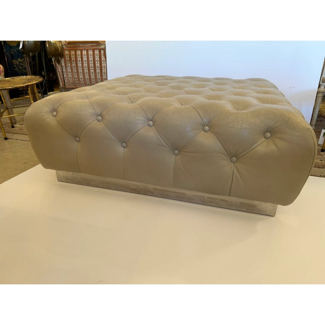 1980s Large Plush Beige Tufted Leather Square Ottoman With Chrome Base For Sale - Image 5 of 12