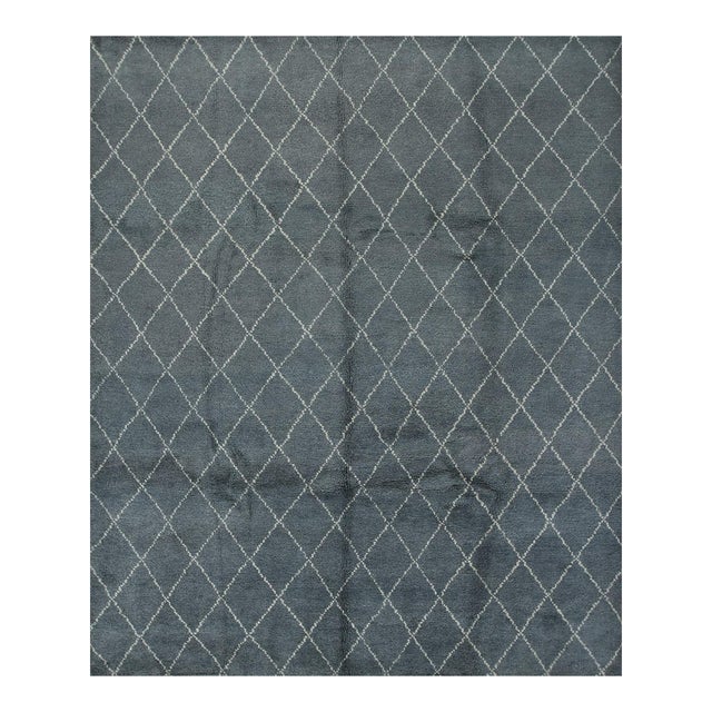 Moroccan Rug 8’4” X 9’10” Blue Wool Contemporary Hand-Knotted Carpet For Sale