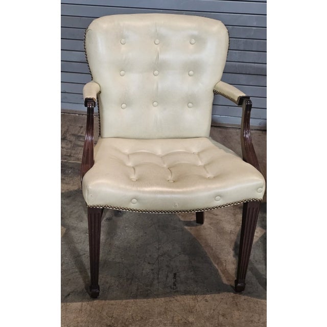 Late 20th Century Pair of Late 20th Century Hickory Chair Mahogany Tufted Yellow Leather Open Arm Chairs For Sale - Image 5 of 10