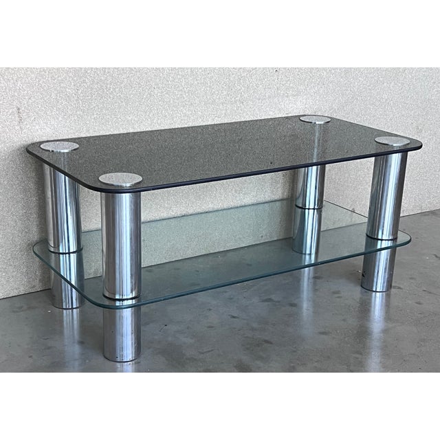 1960s Mid-Century Modern Tubular Chrome Two Tier Coffee Table With Smoked Glass Top For Sale - Image 5 of 9