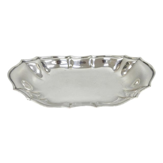 Vintage English Victorian Style Scalloped Oval Narrow Silver Plated Trinket Dish For Sale