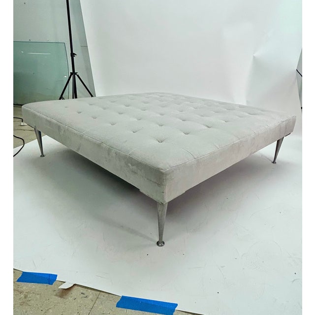 Textile Oversized Square Tufted Ottoman in Light Grey Velvet With Solid Cast Steel Legs For Sale - Image 7 of 7