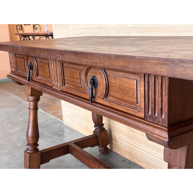 Pair of Early 20th Spanish Light Walnut Country Farm Desk with Two Drawers For Sale - Image 13 of 18