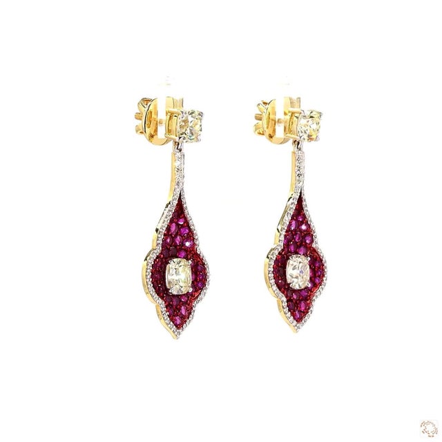 2.87 Carat Cushion Cut Diamond Ruby Gold Earrings, Pair For Sale - Image 9 of 9