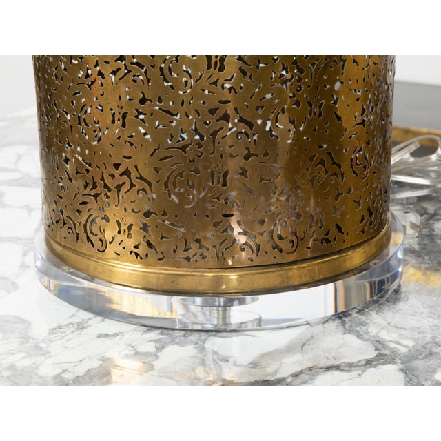 Vintage English Brass and Glass Lamps with Openwork Motifs on Lucite - a Pair For Sale - Image 9 of 9