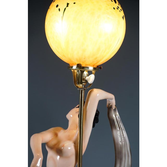 Metal Art Deco Nude Dancer Posing with Lamp from Goldscheider, Vienna, Austria, 1942 For Sale - Image 7 of 14