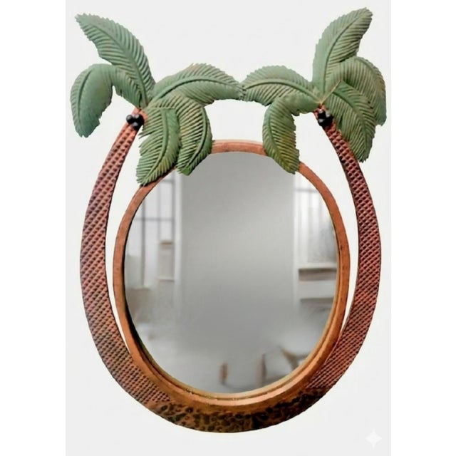 Vintage Heavy Bronze Iron Green Tropical Double Palm Tree Regency Wall Mirror For Sale In West Palm - Image 6 of 7