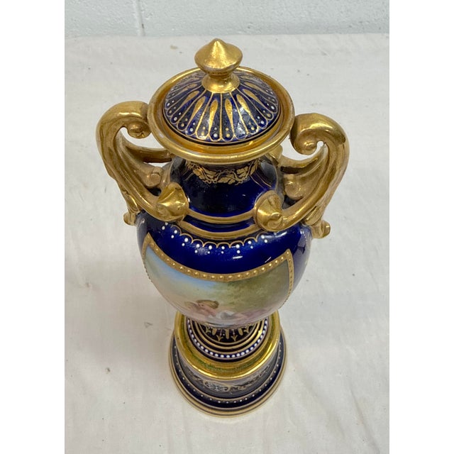 Antique Hand Painted Royal Vienna Porcelain Cobalt Gold Lidded Vase Mini Urn For Sale - Image 14 of 16