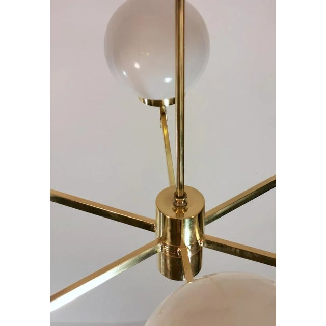 Stilnovo Italian Vintage Brass Chandelier, Opaline Glass Spheres For Sale - Image 10 of 13