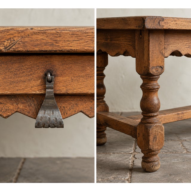 Farmhouse Circa 1900 French Farmhouse Oak Low Table With Drawer & Iron Pull For Sale - Image 3 of 3