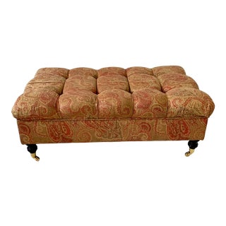 Vintage English Traditional Tufted Paisley Linen Ottoman Trunk on Casters For Sale