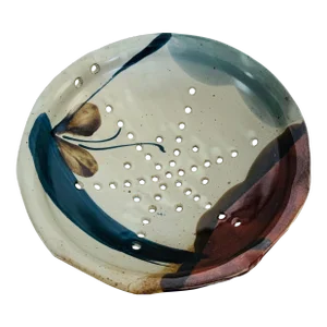 Studio Pottery Art Colander Bowl With Leaf Design