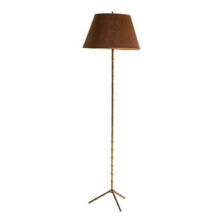 1960s Adnet Style Brass Bamboo Lamp With Velvet Shade For Sale