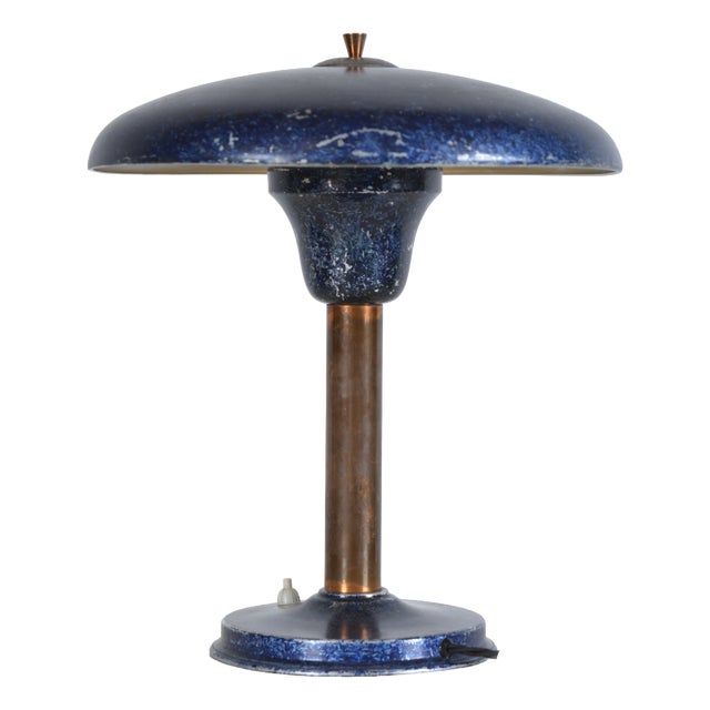 Industrial Blue Mushroom Desk Light in Aluminium and Copper, Germany, 1950s For Sale