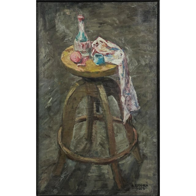 Textile Anthony Ferrara (American, 1930-2012) - Still With Stool, Signed (1955, Oil on Canvas)/Lucian Freud For Sale - Image 7 of 7