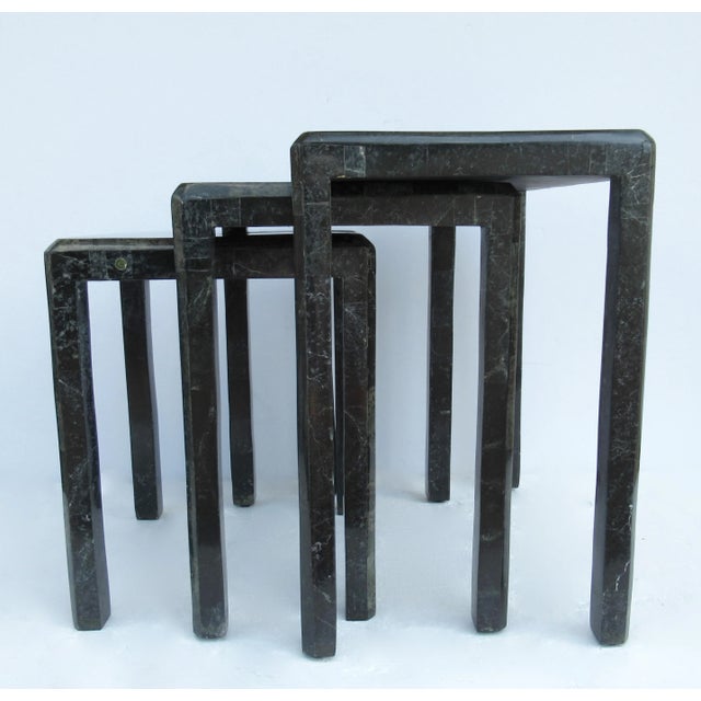1980s Maitland Smith Tessellated Black and Verdigris Green Marble Nesting, Side Tables -S/3 For Sale - Image 5 of 13