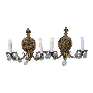 Pair of Ornate Vintage 1940s Brass Two Light Wall Sconces For Sale