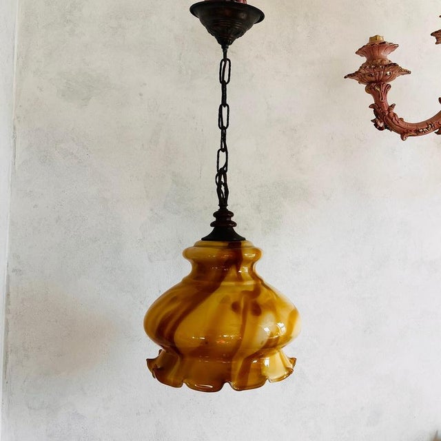 Vintage Pendant Ceiling Lamp with Scalloped Edge Lampshade For Sale - Image 6 of 9