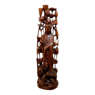 Vintage Chinese Carved Wood Guanyin Kuan Yin Lotus Birds Sculpture 23.75" For Sale