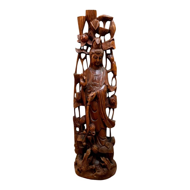Vintage Chinese Carved Wood Guanyin Kuan Yin Lotus Birds Sculpture 23.75" For Sale