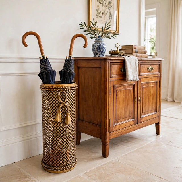 1950 Mid-Century Italian Gilt Metal Lattice & Rope Tassel Umbrella Stand, Attr. To Li Puma Firenze For Sale - Image 9 of 9