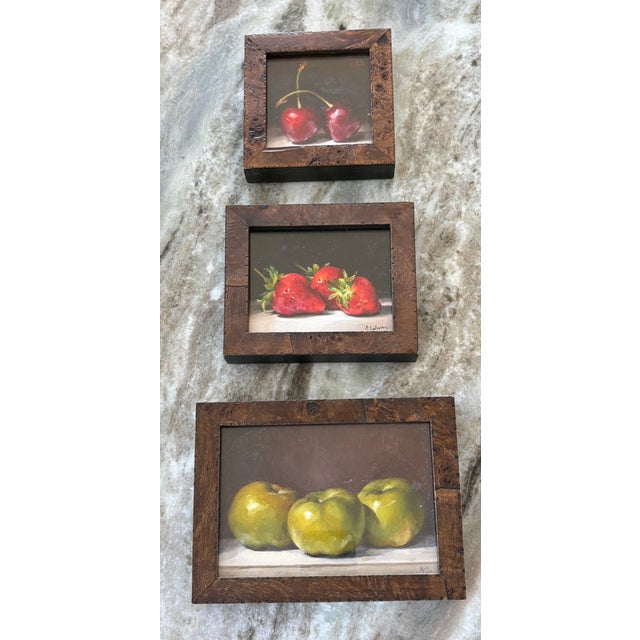 Three Original Amanda Selway British Still Lifes of Cherries, Strawberries and Green Apple Fruits in Custom Burl Wood Finished Frames For Sale - Image 13 of 13
