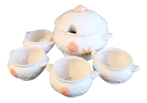 Vintage 5 Piece Ceramic Coastal Seashell Fitz and Floyd Style Soup Tureen Set W/ 4 Soup Bowls