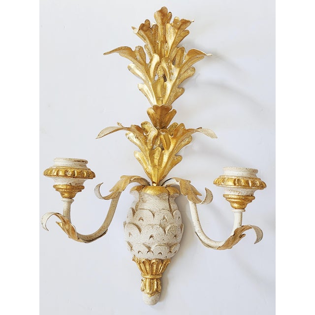 Hollywood Regency Vintage Italian Giltwood & Tole Pineapple Candle Wall Sconces For Sale - Image 3 of 12