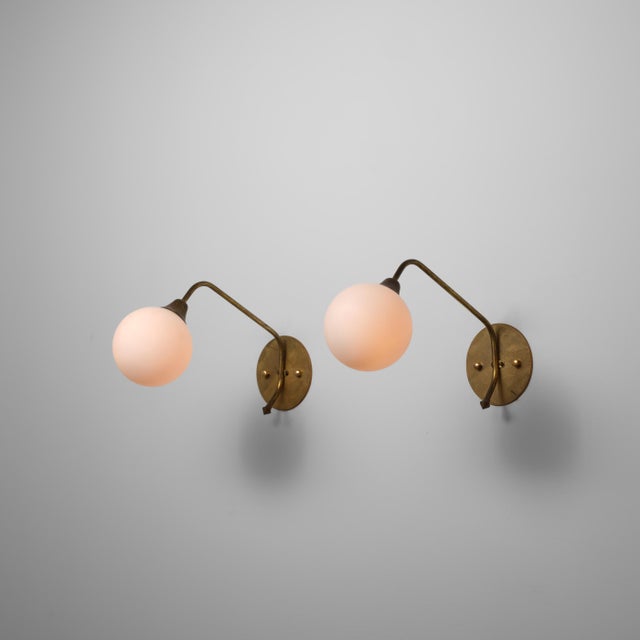 Large Italian Brass and Opaline Glass Wall Sconces, 1950s, Set of 2 For Sale - Image 11 of 12