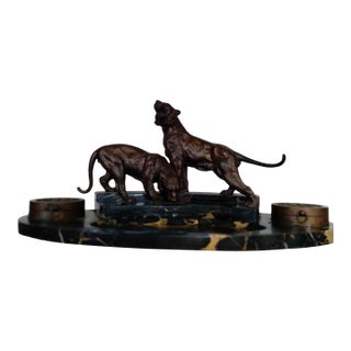 Austrian Art Deco Bronze Big Cat Double Inkwell Desk Set on Black Veined Marble For Sale