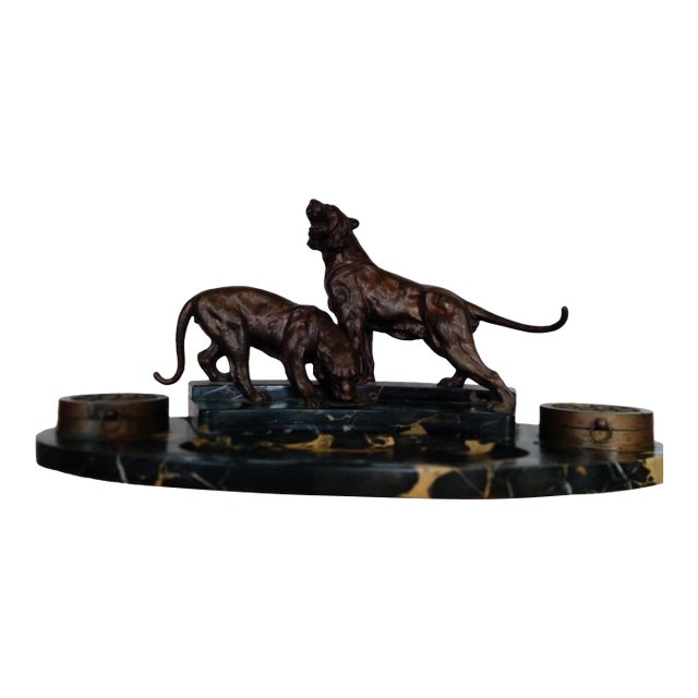 Austrian Art Deco Bronze Big Cat Double Inkwell Desk Set on Black Veined Marble For Sale