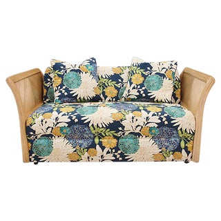Blue Floral Bamboo Settee For Sale