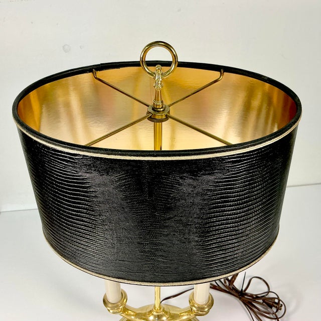 Metal Mid-Century French Regency Neoclassical Bouilette Table Lamp & Reptile Embossed Black Shade For Sale - Image 7 of 15