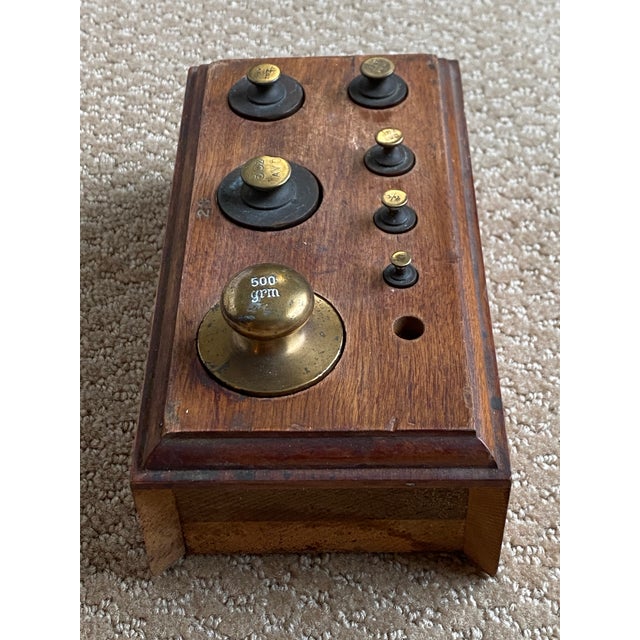 Late 19th Century Antique American Brass Balance Scale Graduated Size Weights With Original Mahogany Fitted Stand - 8 Piece Set For Sale - Image 10 of 12